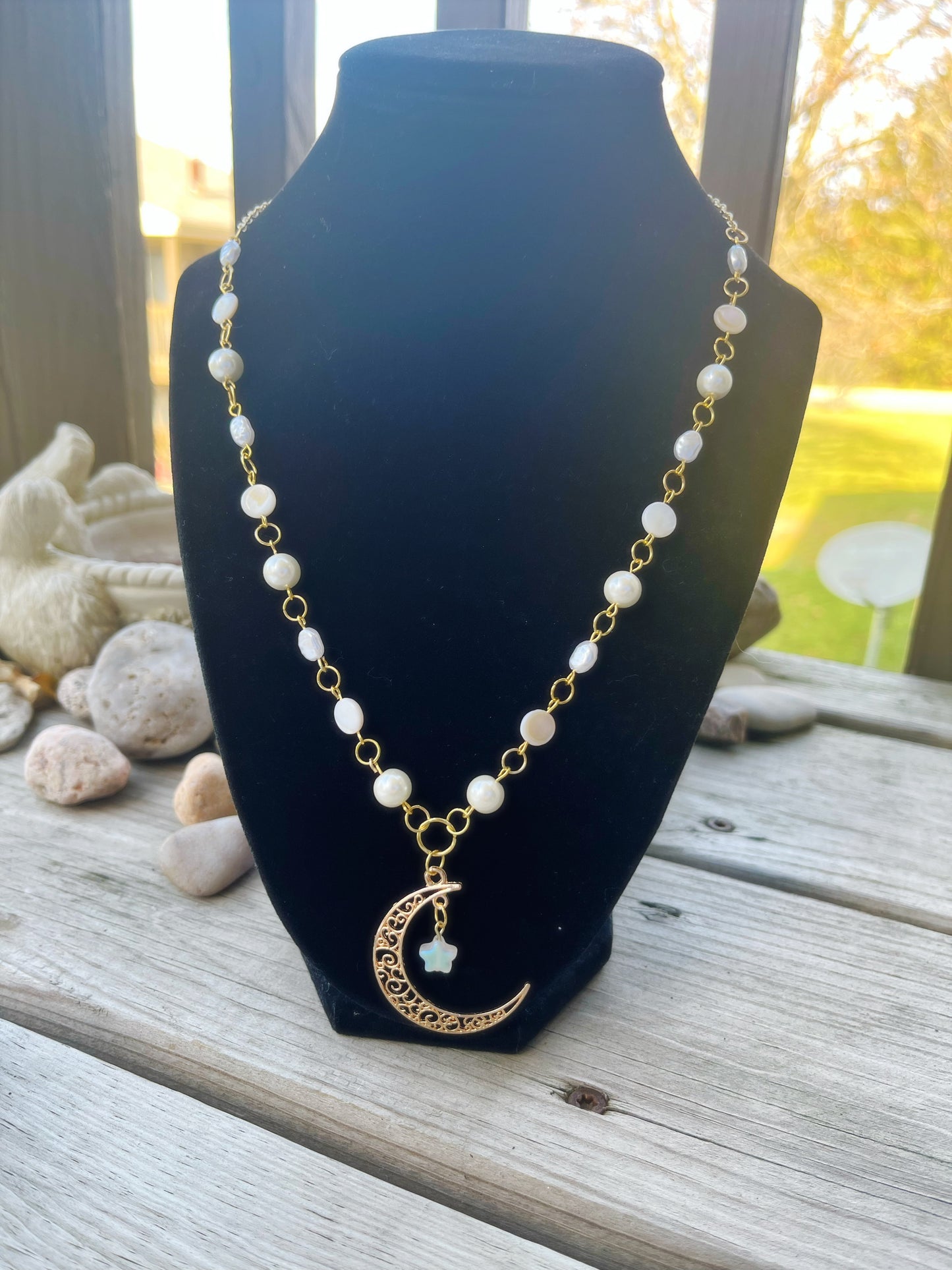 golden moon drop necklace with freshwater pearl
