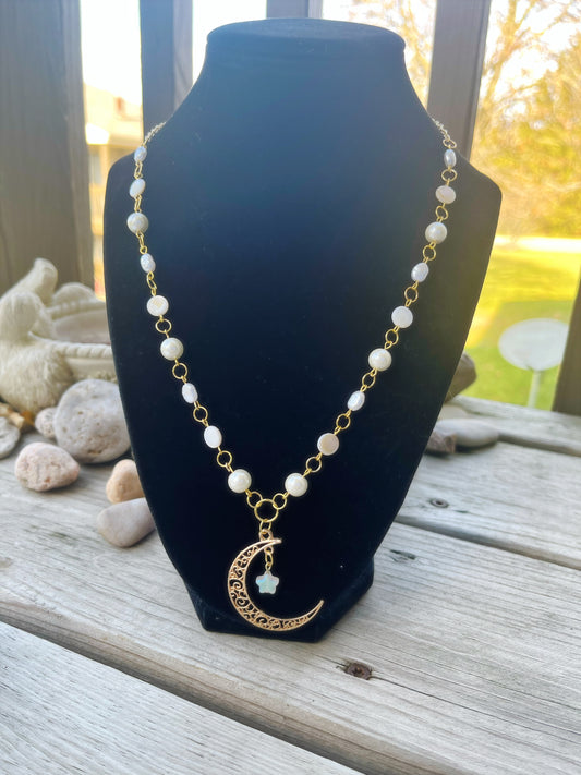 golden moon drop necklace with freshwater pearl