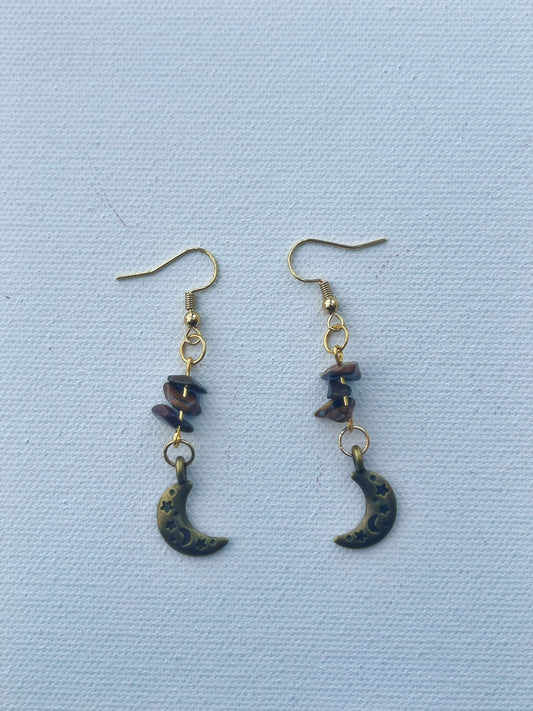 tigers eye chip moon earrings